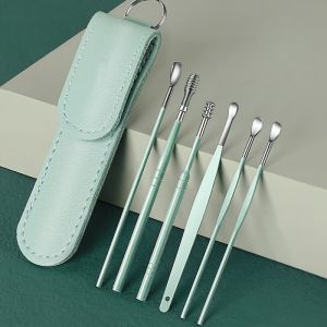 Set 6 dụng cụ ngoáy tai lấy ráy tai bằng thép không gỉ cao cấp có túi da đựng tiện lợi-HAUSE