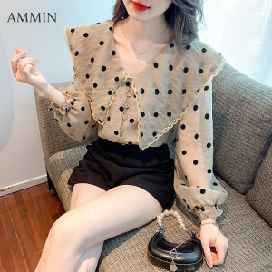 AMMIN สไตล์เกาหลี Retro ตุ๊กตาคอปกสีกาแฟ Polka Dot เสื้อผู้หญิง2022ฤดูใบไม้ร่วงแฟชั่นอารมณ์หลวมทุกการแข่งขัน Polka Dot พิมพ์ชีฟองด้านบน