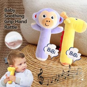 SEETE Soft Hand-cranked Bell Toys Plush Cartoon Animal Hand-cranked Stick Baby Hand Grab Puppet Creative Soothing Plush Animal Toy 0-1 Years Old Newborn