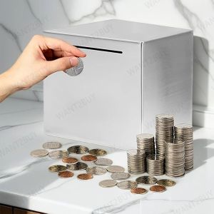 Stainless Steel Safe Piggy Bank Money Coin Money Saving Storage Box Large Capacity Cannot Be Taken Out DIY 只进不出不锈钢存钱罐箱