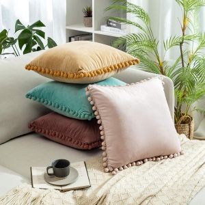 Velvet Pom-poms Throw Pillow Case Decorative Soft Cushion Cover Nordic Solid Color Square Pillow Cover for Bed Sofa Chair Home Fall Decor
