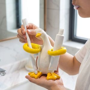 THE INTERNET Duck-Shaped Ceramic Toothbrush Holder 2 Slot Electric Toothbrush Storage Stand Waterproof Non-Slip Bathroom Organizer Space-Saving Home Decor