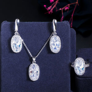 SEQUITO Nhẫn Nữ Thần Khí Chất Bộ Trang Sức Mạ Vàng Trắng Khảm Hồng AAAAA Oval Đá Cubic Zirconia Mặt Dây Chuyền Bông Tai Thả Sang Trọng 3 Chiếc Phụ Kiện Cuộc Thi SJ324