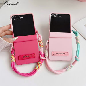 Double Color Contrast Lanyard Matte Case for Samsung Galaxy Z Flip 7 6 5 4 3 8 Hand Wrist Strap Bracket Stand Hard PC Cover
