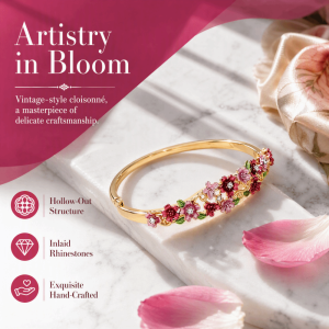 LIUJIR Colorful Enamel Bracelet Vintage Rhinestone Decor Floral Open Cuff Bangle Trendy Fashion Elegant Hollow Flower Bracelet Women