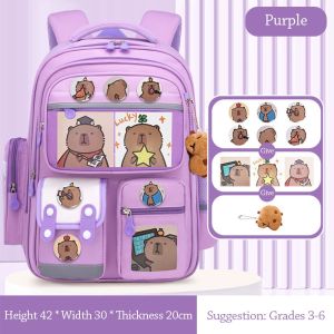 MIRELAE Waterproof Capybara Backpack with Card Badge Doll Large Capacity School Bag Cartoon Alleviate Burden Backpack for Students