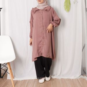Ghanimi - Prinsa Tunik / Tunik Ruffle Polos / tunik kondangan kekinian / tunik gamis terbaru / tunik kerah asimetris korean style / tuni plos casual formal daily / tunik lengan bishop balon