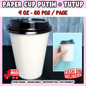 Paper hot cup 9 oz + TUTUP / gelas kopi kertas / Paper Hot Cup Polos 9 Oz 220ml/papercup gelas panas isi 50 pcs /coffee cup / tea cup / gelas kertas tebal anti bocor