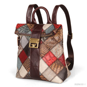 Woman Genuine Leather Backpack Vintage Travel Shoulder Bags Lady Designer Laptop Backpacks Colorful Patchwork 10 Inchs Bookbag