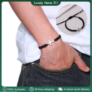 Men Handmade Cross Braided Bracelet Simple Adjustable Woven Rope Bangle Wrist Christian Gifts