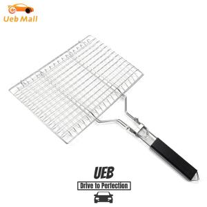 [UEB Mall] Outdoor Camping BBQ Rack Wooden Handle Fish Grill Basket Stainless Steel Grilling Basket with Detachable Handle for Fish Vegetables Steak Shrimp Chops