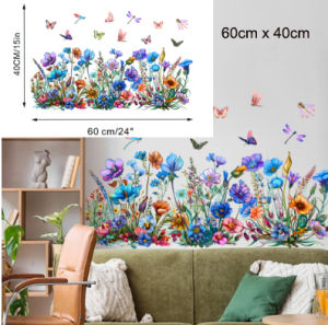 Colorful Flower and Butterfly Wall Stickers 60x40cm Removable Self Adhesive Wall Decals for Living Room Bedroom Sofa Background Kids Room Nursery Home Decoration DIY Vinyl Mural Stickers Easy to Apply and Remove
