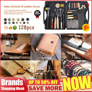 【High Quality+ In Stock】128 Pieces Leather Tool Kit Leather Work Tool Leather Tools and Supplies with Leather Stamping Tools Rivets Kit Prong Punch for Leather Crafting Beginner Leather Craft Making