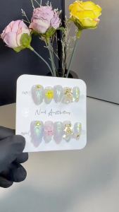 【HANDMADE+Free Glue】Real Photos Press on Nails Summer cool flash shell pattern Aurora blue nails with crystal bells almond nails Phototherapy Fake Nail Patch Artificial Nail Reusable