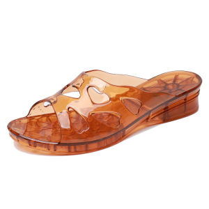[Free Shipping] Wedge-Heeled Closed-Toe Slippers For Summer Outings Soft And Comfortable Versatile Vintage-Style Hollowed-Out Breathable Chunky-Heeled Crystal Slide Sandals