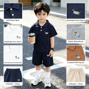 AILEBE Kids Sets Terno Collared Short Sleeve Shorts Set Soft Breathable Pique Fabric Cute Dachshund Embroidery Sporty Design Complete Matching Summer Outfit Pambahay OOTD For Baby Boys 6 Months – 5 Years