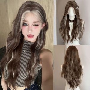 CHICNOOK ส่วนตรงกลาง วิกผมหยิกลอนยาว ทนความร้อนทน ลูกไม้หน้าผาก วิกผมคอสเพลย์โลลิต้า แฟชั่นแฟชั่นแฟชั่น ระบายอากาศได้ระบายอากาศ วิกผมสังเคราะห์สีบลอนด์สีน้ำตาล สำหรับผู้หญิง