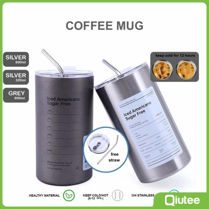 320/600 ML Iced Coffee Mug Cup With Straw Insulated Stainless Thermos