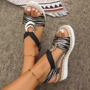 [Free Shipping] Plus-Size WomenS Sandals With Metal Buckle Decoration Wedge Heel Rope Thick Sole Open-Toe Casual WomenS Chunky Heel