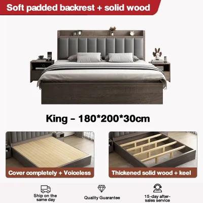 【In Stock-ships within 24H】Katil Queen Solid Wood Bed Frame With Headboard Soft Package Wooden Bed Kayu Rangka Super Single/King Bed 实木床