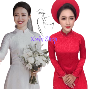 Áo dài truyền thống gấm tơ viền ngọc trai dệt hoa văn đẹp may sẵn/ áo dài nữ/ áo dài cô dâu/ áo dài truyền thống