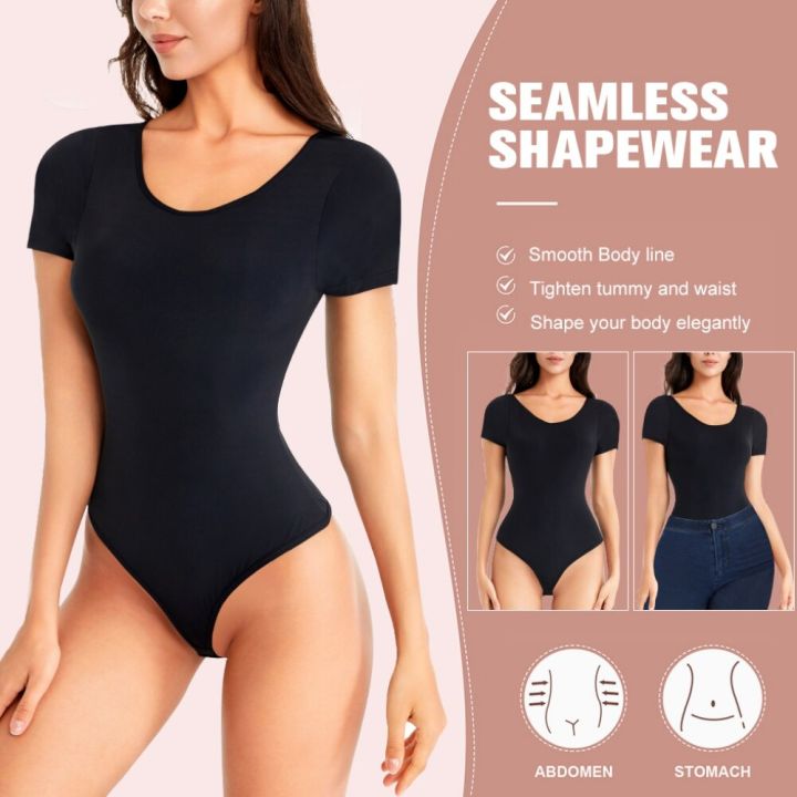 Women's New Short Sleeve Shapewear Tummy Control Seamless Thong Design  Bodysuit Bottom Corset