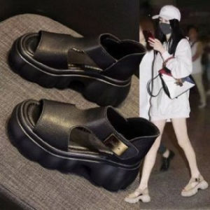 [Free Shipping] Soft Leather Open-Toe Roman Sandals For Women Summer 2026 New Style Platform Thick-Soled Hollowed-Out Versatile Fish-Mouth Wedge Heel Sandals
