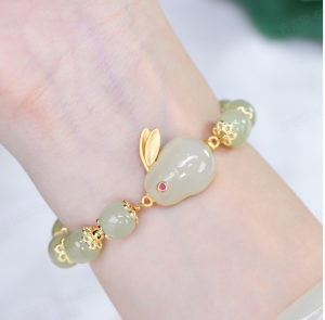 GiiMall Elegant Delicate Jade Rabbit Nephrite Bracelet Symbol of Peace and Happiness