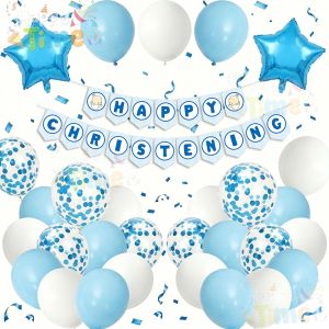 【Happy Time Combine Set】Blue Theme Christening Decoration Set DIY Party Package with Banner  Latex Balloons for Baptism Baby Shower Birthday Celebration Supplies