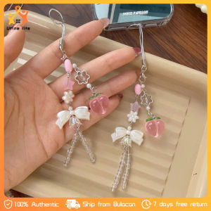 Sweet Peach Phone Charm Pendant Sweet Bowknot Bead Phone Chain Crystal Beads Peach Keychain Car Bag Key Hanging Ornament Gift