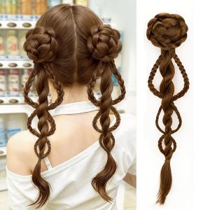 OEUVR Long Bun Braided Ponytail Wig Synthetic Volume Hair Extensions Handmade Braids Pony Tails Vintage Natural Twist Braid Hairpiece for Women
