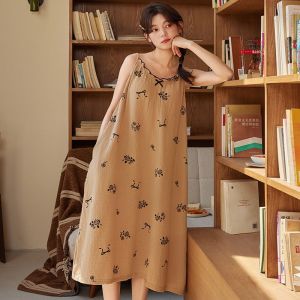 Ins Hot Girls Suspender Sleeping Dress with Fixed Chest Pad Summer New High-end Sleeveless Long Nightdress Student Dormitory Large Size Home Clothes Sleepwear