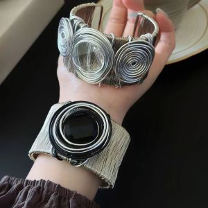 DSFIF Silver Color Metal Wire Bracelet Punk Goth Line Twined Women Bangle Fashion Open Ring Rhinestone Bracelet Women