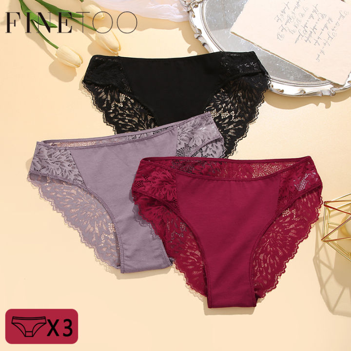 FINETOO 3Pcs/set Sexy Cotton Lace Panties Women Solid Color Low Waist  Briefs Comfortable Underwear Female Breathable Lingerie