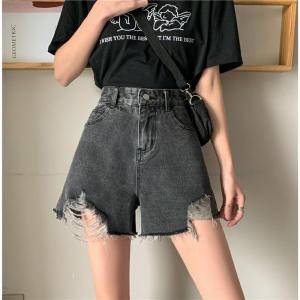 Celana pendek jeans wanita highwaist hitam sobek korea denim hot pants big size street kekinian pant