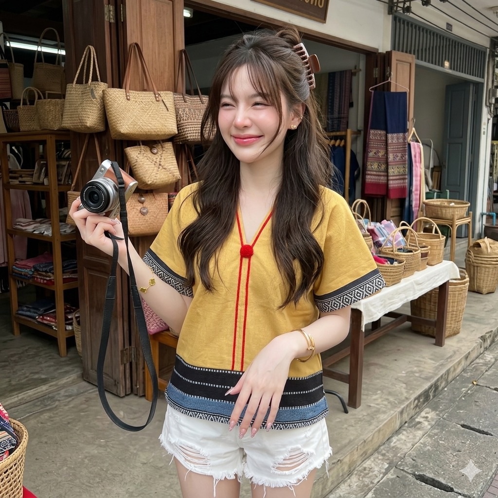 LANNA เสื้อผ้าฝ้ายคอวีหน้าหลัง แขนลวดไหล่ แต่งผ้าทอนากา ทรงหลวมสบาย คละสี มุมมองที่ 8