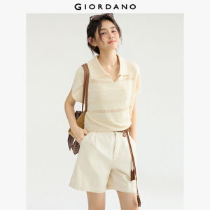 GIORDANO ผู้หญิง เสื้อสเวตเตอร์ Jacquard ทรงกลวง เสื้อสเวตเตอร์แบบอ่อนโยน คอวี ปกเสื้อ แขนสั้น แฟชั่นฤดูร้อน เสื้อสเวตเตอร์ลำลอง 18355505