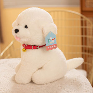 JOJO CASTLE Bell Bichon Frise White Dog Doll Lying&Sitting 23/28/35/48cm  Like Real Cute Pet Animal Plushie Peluche Stuffed Kids Companion Gift