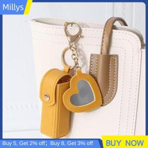 Millys กระเป๋าใส่ลิปสติกแบบพกพาสีทึบกระเป๋าเก็บพวงกุญแจขนาดเล็กสำหรับผู้หญิงที่ครอบป้องกันลิปสติกพร้อมกระจกแต่งหน้าขนาดเล็ก