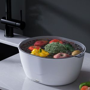 MMLUCK Large Capacity Electric Vegetable Washing Basket Double Layer Shock-absorbing Vegetable Draining Basket Practical Plastic Vegetable Fruit Purifier Kitchen Countertop