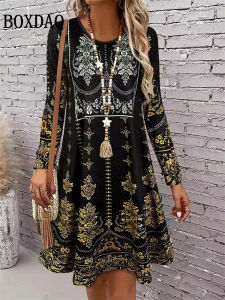 Womens Clothing Autumn Women Retro Flowers Dress Summer Vintage Causal Fashion Long Sleeve Floral 3D Printed Loose Dresses 2026