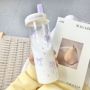 JUSTODO Bowknot Straw Cup Plastic 500ml Cup With Lid Straw Cute Large Capacity Coffee Cup Juice Milk