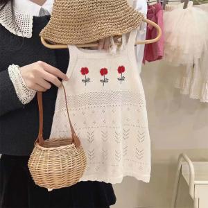 Summer New 2-7Years Girls Round Neck Knitted Flower Embroidered Hollow Out Tank Top Dress Childrens Fashion Casual Clothes