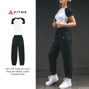 Bộ đồ tập thể thao áo thun Raglan Trắng quần Jogger Đen logo in tập gym yoga thoáng mát