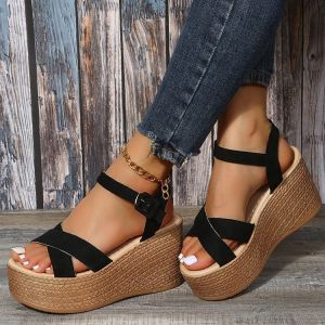 [Free Shipping] WomenS Summer New Style Platform Wedge Sandals Thick-Soled Roman Sandals Waterproof Platform Solid Color Suede WomenS Sandals