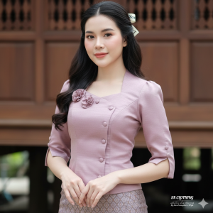 เสื้อผ้าไหมลาว คอห้าเหลี่ยม แขนศอกระบาย แต่งกระดุม 2 เม็ด งานเข้ารูปเข้าทรง สวมใส่ได้ทุกโอกาส