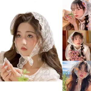 Small-Fresh Women Bandana Outdoor Camping Photo Shoot Lace Triangle Headband Summer See-Through Hair Bandana for Travel