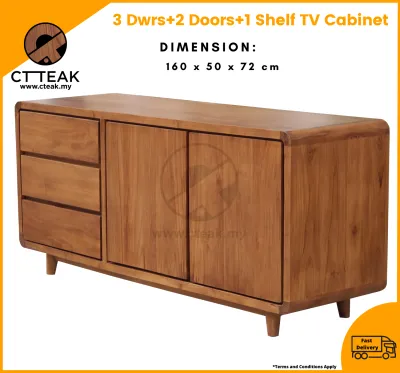 CT Teak Furniture Jati / Teak Wood 3 Drawers + 2 Doors + 1 Shelf TV Cabinet