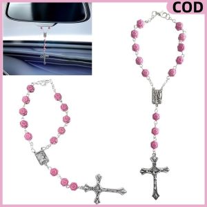 Car Pendant Car Rosary for Rearview Mirror Pink Rosary Pendant Car Interior Rear View Mirror Charm Auto Decors Car Medal and Cross Personalized Hanging Accessories for Women Men (Rose)