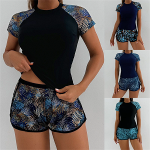 Women 2 Piece Swimwears Set Short Sleeve Rushguard Swimsuit with Boyshorts Quick Dry Bathing Suit for Water Sport